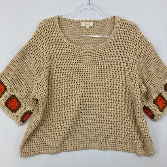 Elan Medium Tan Red Crochet Boho Festival Crew Neck Artsy Top Vacation Summer - Picture 1 of 11